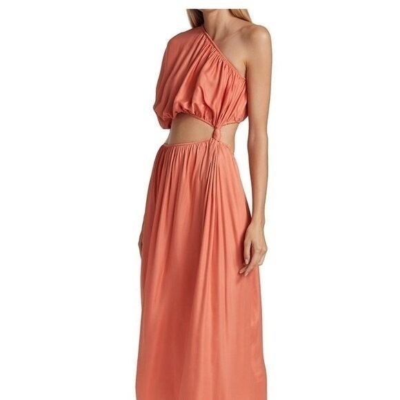 Farm Rio One Shoulder Cutout Maxi Dress Coral Peach Asymmetrical Nwt L